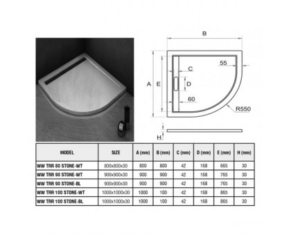 Душевой поддон WeltWasser WW TRR 100 STONE-BL 100х100 см черный с сифоном